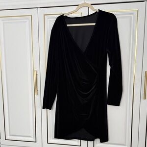 SHEIN Black Velvet Long Sleeve Wrap Dress